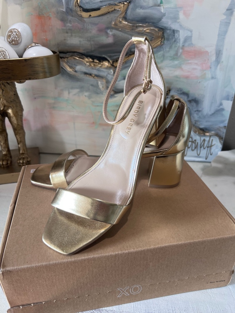 Birdy Grey Metallic Gold Ankle-Strap Block Heels